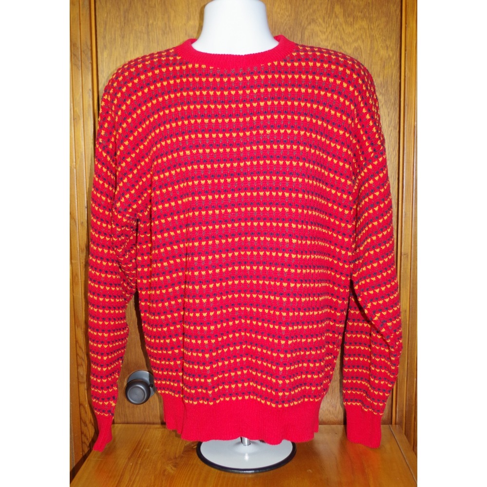 Victoria Dry Goods Mens Large Red Yellow Knit Cotton‎ Crewneck Sweater Made USA